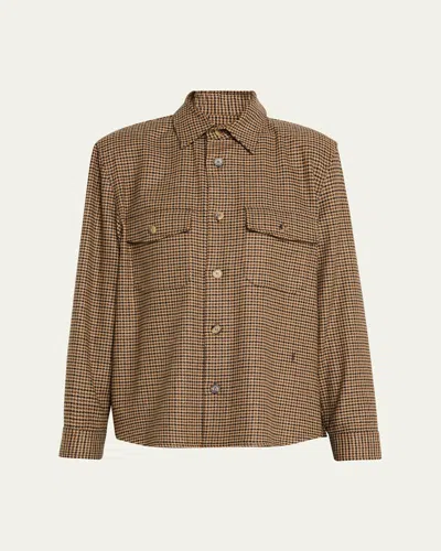 Saint Laurent Long Sleeve Checkered Overshirt Chest Pockets In Brown