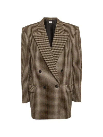 Pre-owned Saint Laurent Houndstooth-pattern Double-breasted Coat In Brown