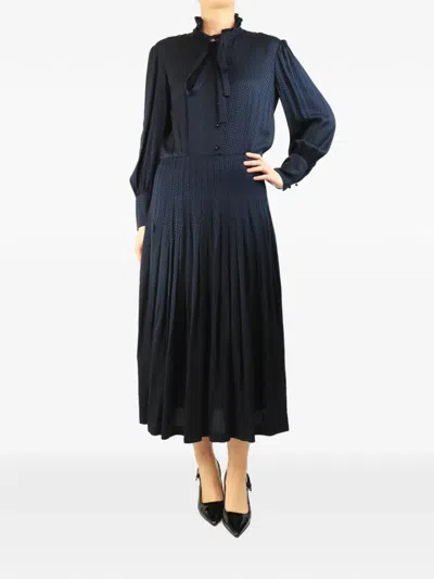 Pre-owned Saint Laurent Houndstooth-pattern Midi Dress In Blue
