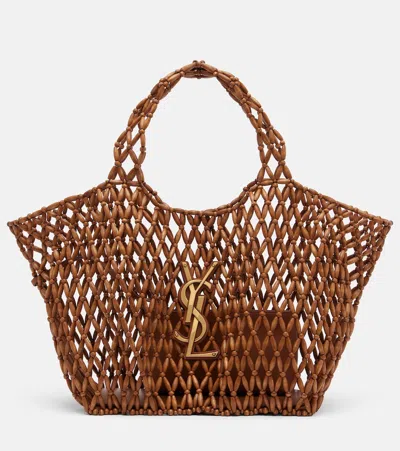 Saint Laurent Icare Cassandre Medium Wood Shopper In Brown