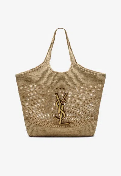 Saint Laurent Icare Maxi Raffia And Leather Tote Bag In Sand