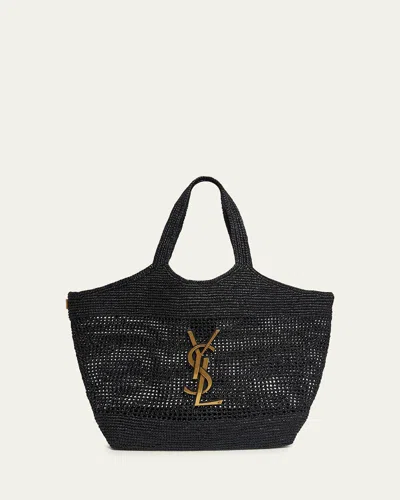 Saint Laurent Icare Medium Crochet Raffia Tote Bag In Black