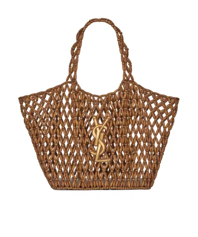Saint Laurent Icare Medium In Wood Beads In Brown