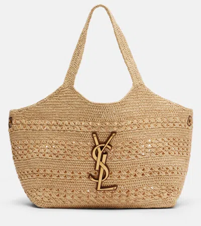 Saint Laurent Icare Medium Raffia Tote Bag In Neutral