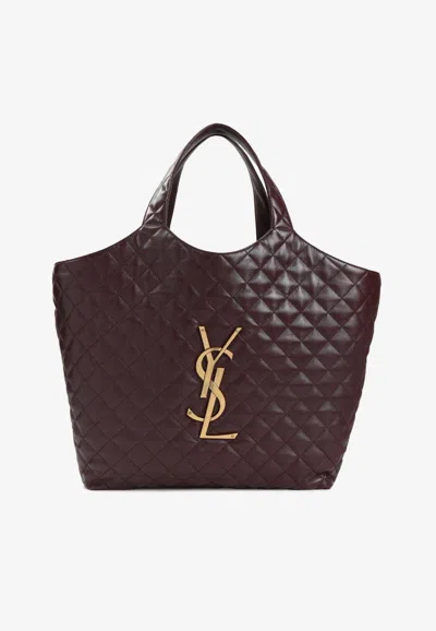 Saint Laurent Icare Quilted Leather Tote Bag In Burgundy