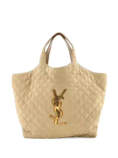 Pre-owned Saint Laurent Icare Shopping Quilted Nubuck Maxi Tote Bag In Neutrals