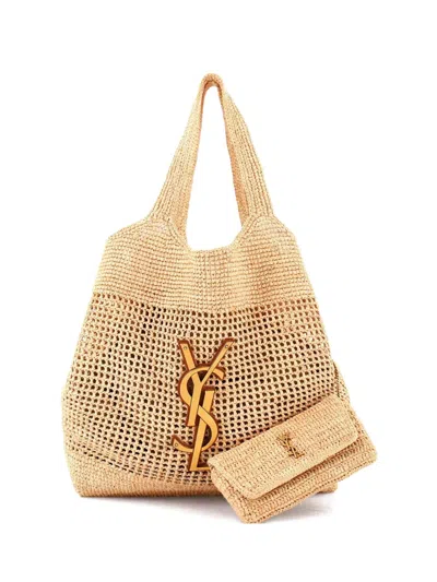 Pre-owned Saint Laurent Icare Shopping Raffia Maxi Tote Bag In Neutral