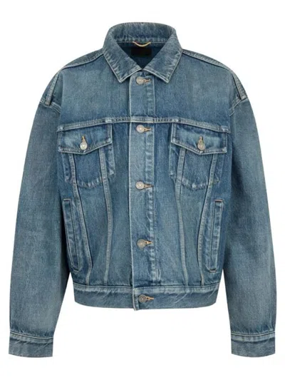 Saint Laurent Inspired Denim Jacket With Button Front And Pockets In Blue