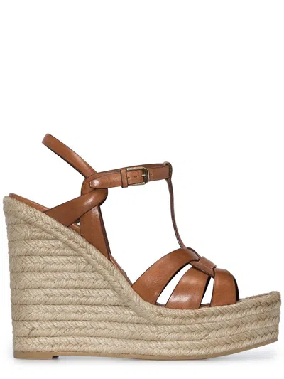 Saint Laurent Intertwining Strap Sandals With Jute Wedge Sole In Brown