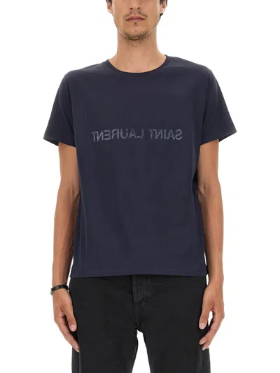 Saint Laurent Inverted Logo T-shirt In Blue