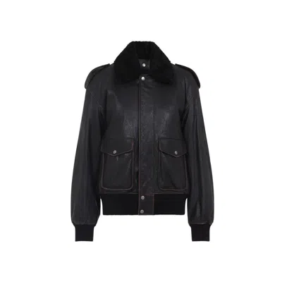 Saint Laurent Leather Bomber Jacket In Black