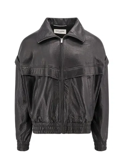 Saint Laurent Distressed Leather Bomber Jacket In Black