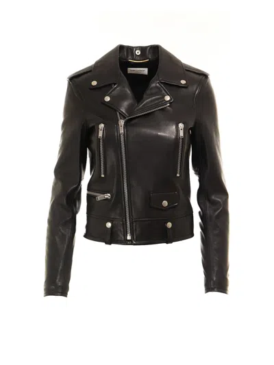 Saint Laurent Belted Leather Zip-up Jacket In Black