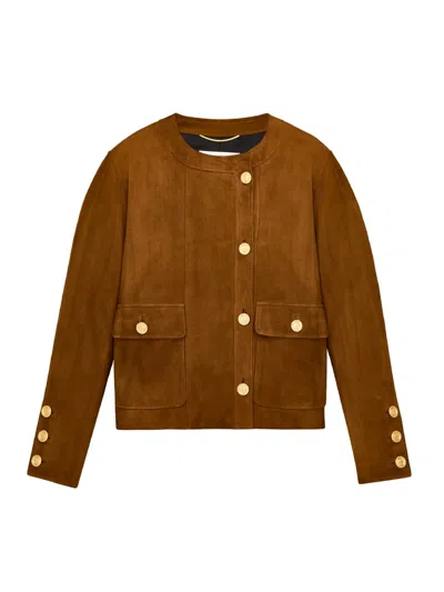 Saint Laurent Cropped Suede Coat Button Detail Tailoring In Brown