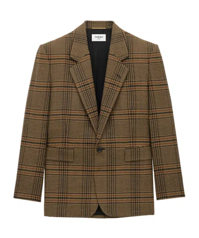 Saint Laurent Jacket In Prince Of Wales Wool In Brown