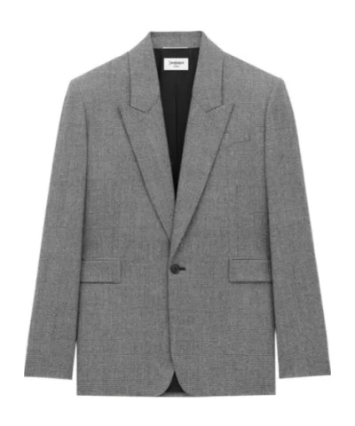 Saint Laurent Jacket In Prince Of Wales Wool Flannel In Gray