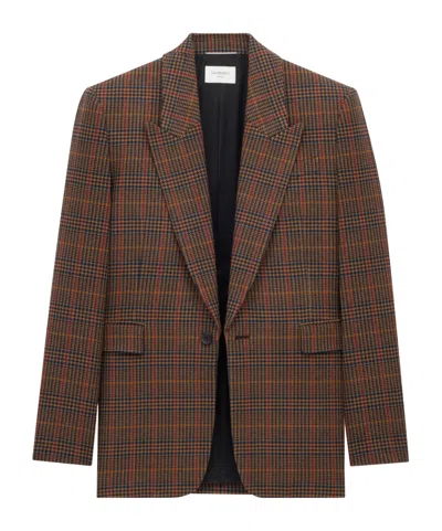 Saint Laurent Houndstooth Checked Wool Blazer In Brown