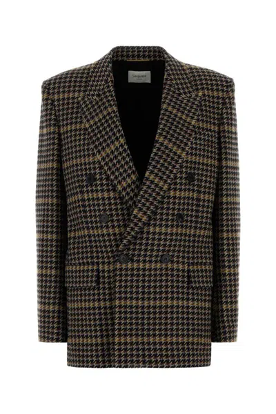 Saint Laurent Brown Double-breasted Jacket With Notched Revers And All-over Check Motif In Wool Woman