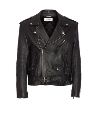 Saint Laurent Belted Leather Biker Jacket In Black