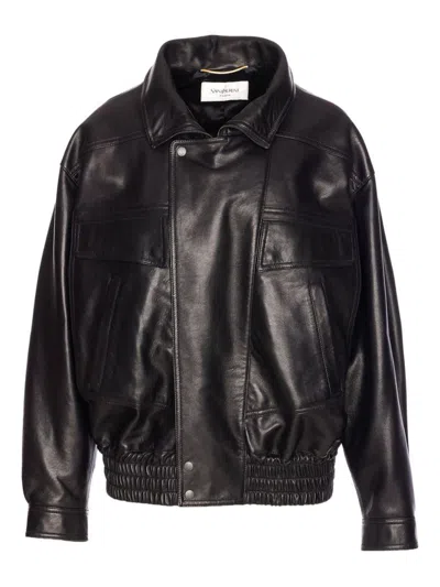 Saint Laurent Lambskin Leather Jacket High Neck In Brown