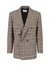 Saint Laurent Double-breasted Checked Wool Jacket In Brown