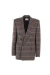 Saint Laurent Brown Double-breasted Jacket With Notched Revers And All-over Check Motif In Wool Woman In Gray