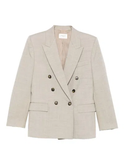 Saint Laurent Double-breasted Wool Jacket With Padded Shoulders In Gray
