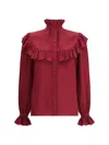 Saint Laurent Ruffled Floral Silk-jacquard Blouse In Red