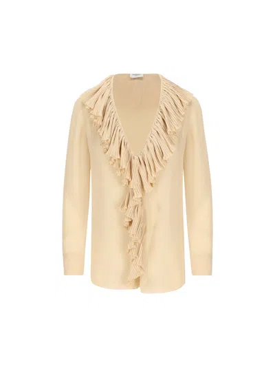 Saint Laurent Beige Ruffled Blouse In Silk In Gold