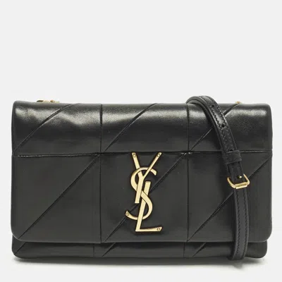 Pre-owned Saint Laurent Jamie Black Quilted Leather Wallet On Chain