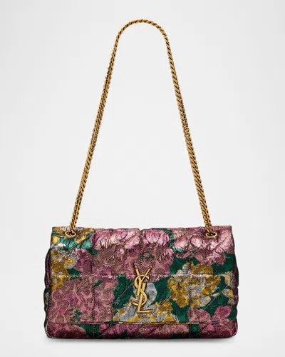 Saint Laurent Jamie Medium Ysl Chain Shoulder Bag In Brocade Wool In Green/pink Lame