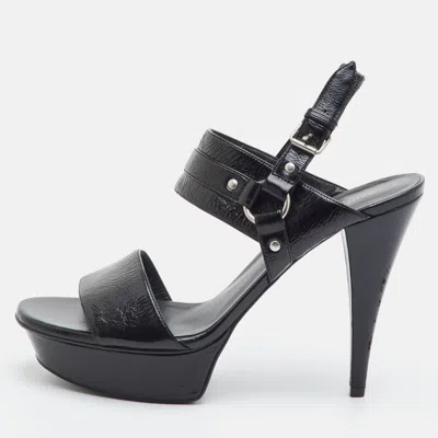 Pre-owned Saint Laurent Jane Size 38 Black Patent Leather Platform Ankle Strap Sandals