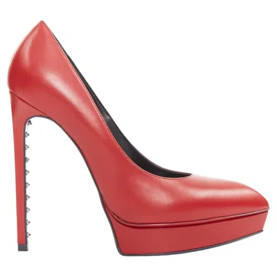 Pre-owned Saint Laurent Janis Rouge Oriente Leather Studded Heel Platform Pumps Eu37.5 In Pink