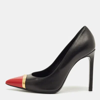 Pre-owned Saint Laurent Janis Size 35.5 Black/red Leather Metal Trim Pointed Toe Pumps
