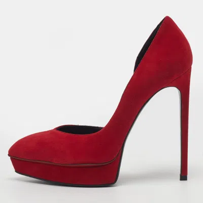 Pre-owned Saint Laurent Janis Size 38 Red Suede D'orsay Platform Pumps