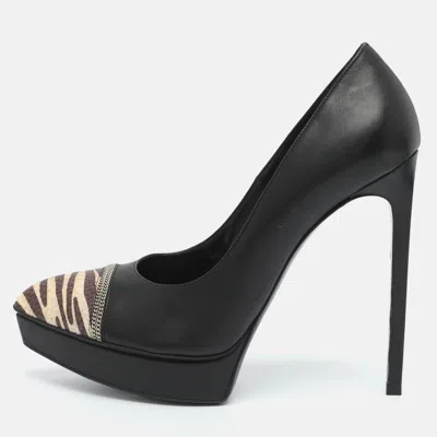 Pre-owned Saint Laurent Janis Size 38.5 Black Leather Platform Pumps