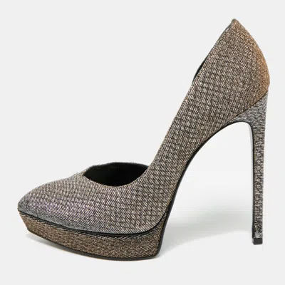Pre-owned Saint Laurent Janis Size 39 Metallic Lurex Fabric Platform Pumps In Silver