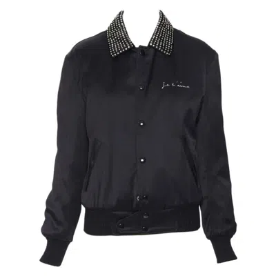 Pre-owned Saint Laurent Je T'aime Teddy Black Satin Crystal Collar Bomber Jacket Fr34