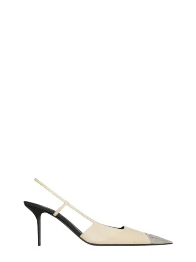 Saint Laurent Jeanne Leather Pumps With Elasticated Strap & Engraved Plaque In White