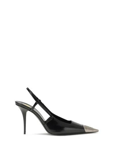 Saint Laurent Jeanne Slingback Pumps In Glazed Leather With Metal Toe Shoes In Black