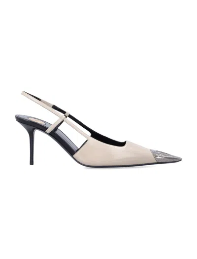 Saint Laurent Jeanne Smooth Leather Slingback Pumps With Square Cap Toe And Silver-tone Detail In Bianco