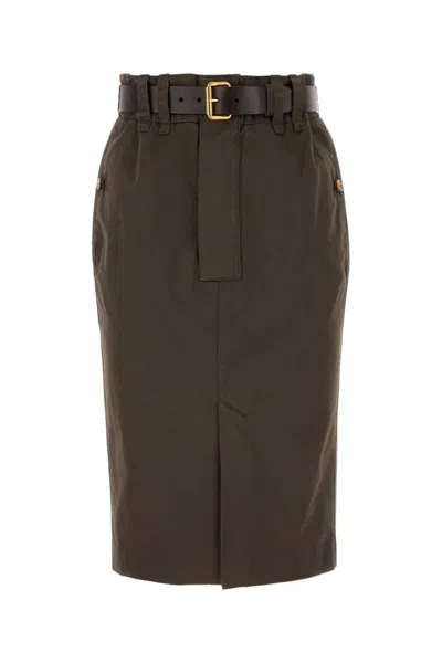 Saint Laurent Cotton Pencil Skirt In Brown