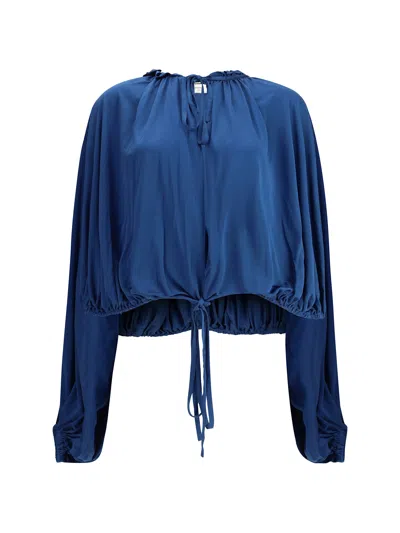 Saint Laurent Ruffle Collar Drawstring Satin Blouse In Blue