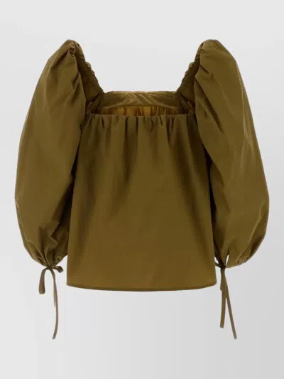 Saint Laurent Jersey Blouse Puff Sleeves Square Neckline Ties In Green