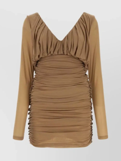 Saint Laurent Jersey Draped Neckline Dress With Ruched Sleeves In Brown