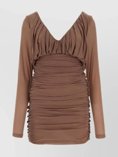 Saint Laurent Jersey V-neck Mini Dress With Ruched Sleeves In Brown