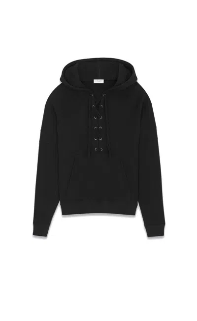 Saint Laurent Raglan Laced Hoodie In Noir