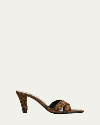 Saint Laurent Jill Leopard Crisscross Mule Sandals In Brown