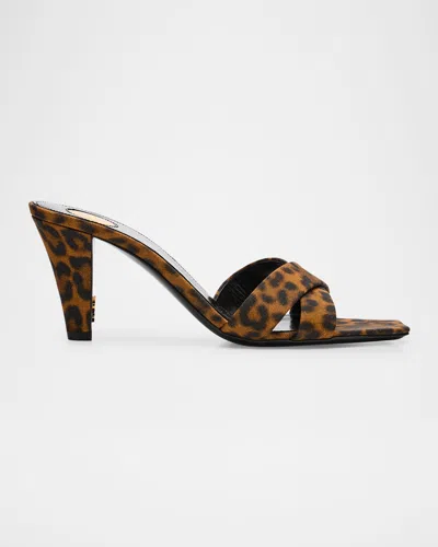 Saint Laurent Jill Leopard Crisscross Mule Sandals In Manto Naturale