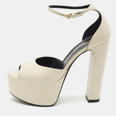 Pre-owned Saint Laurent Jodie Size 36.5 Cream Leather Platform Ankle Strap Sandals In White